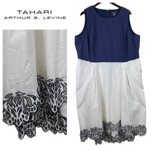 Tahari Arthur S Levine Sz 20W 2X Dress Navy Blue White Slvlss Party Wedding